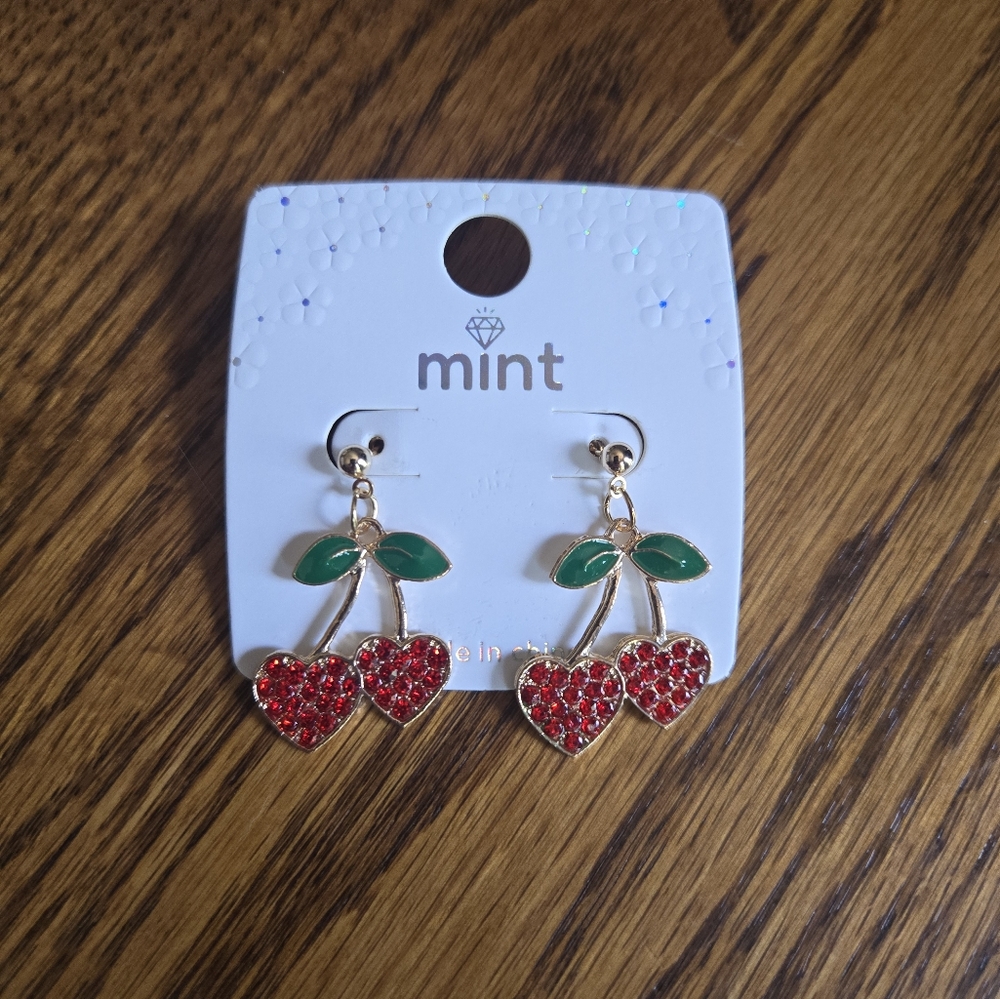 Mint Cherry Heart Earrings